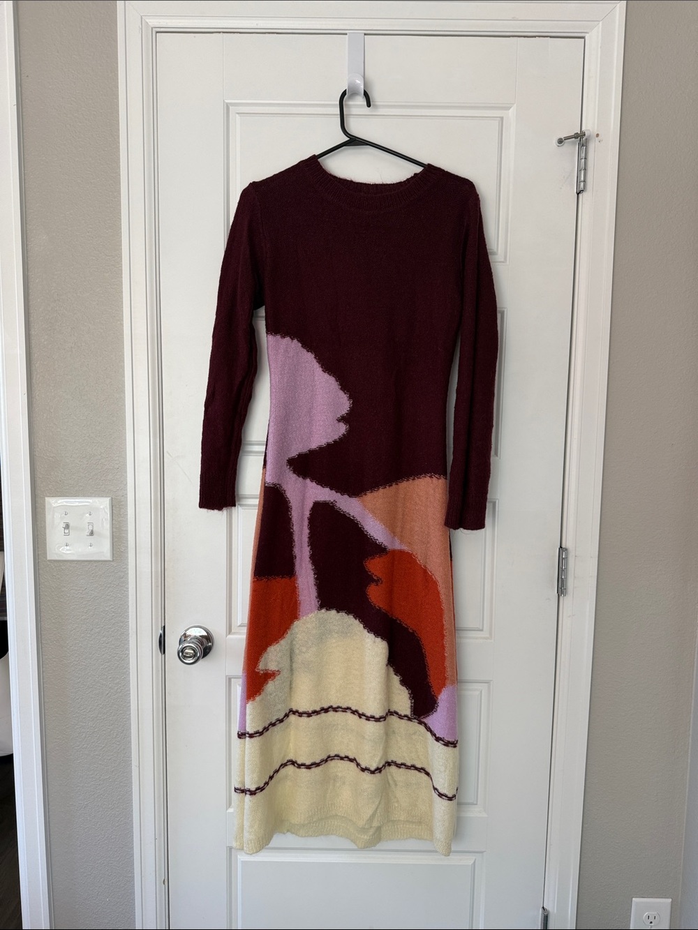 Long Sleeve Colorblock Knit Maxi Dress in Burgundy and Multicolor
